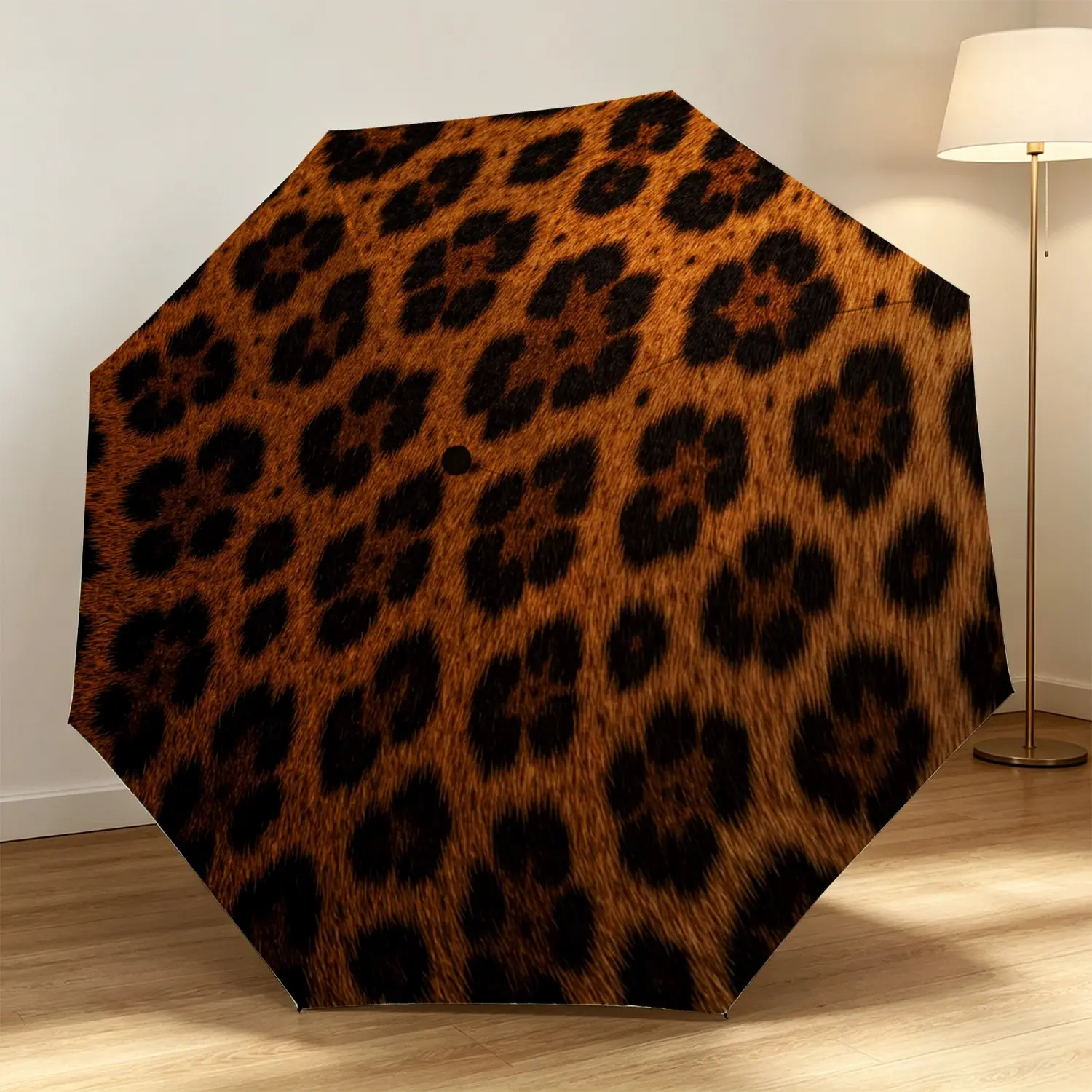 Leopard Print Automatic Folding Umbrella, 8 Rib Glass Fiber Frame, Windproof Portable Design, Ideal for Halloween & Christmas Gifts