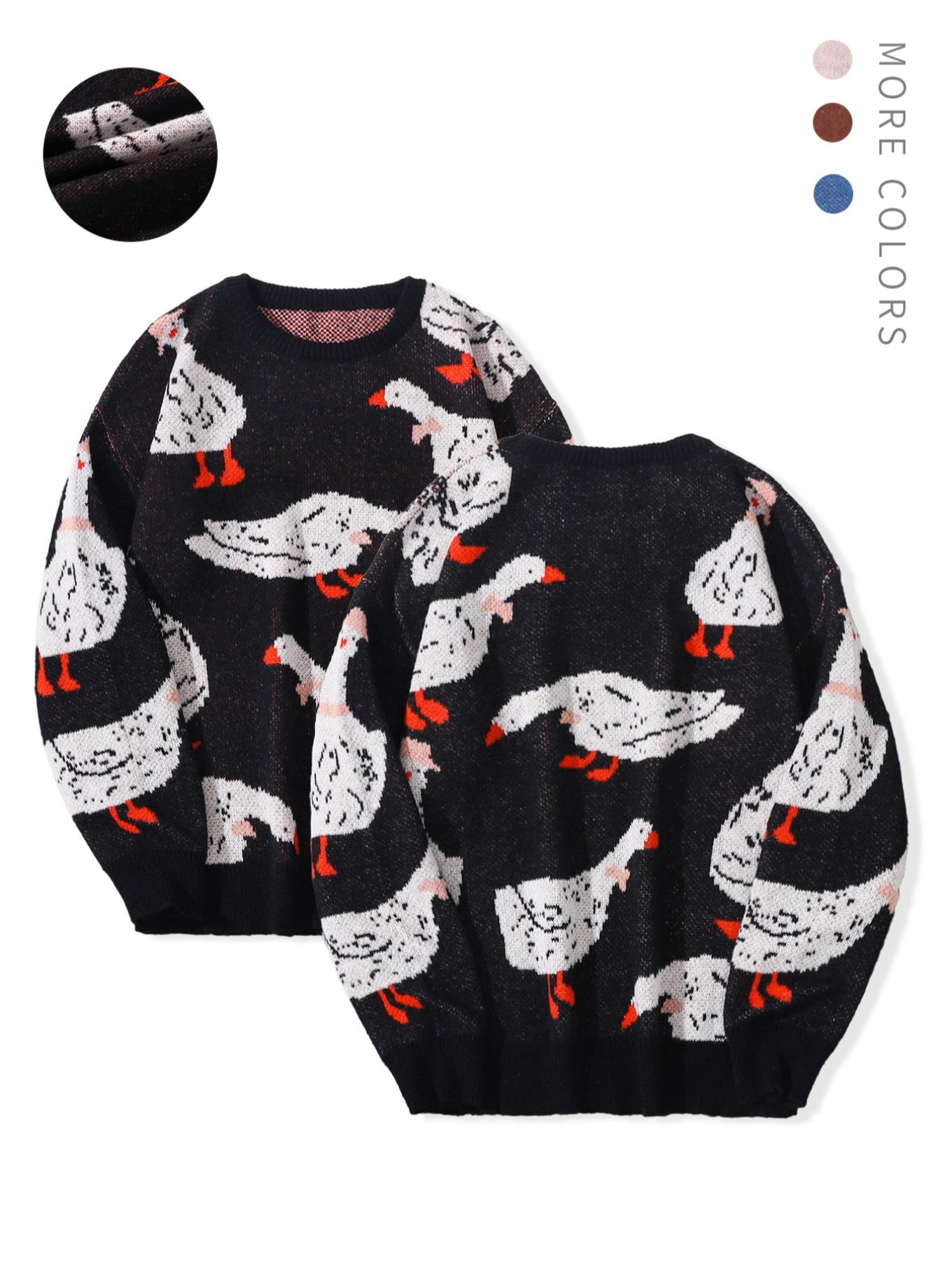 Unisex Men's Cartoon Duck Print Drop Shoulder Sweater, Fashion Round Neck Long Sleeve Jumper, Men Clothing for Daily Wear, Knitwear