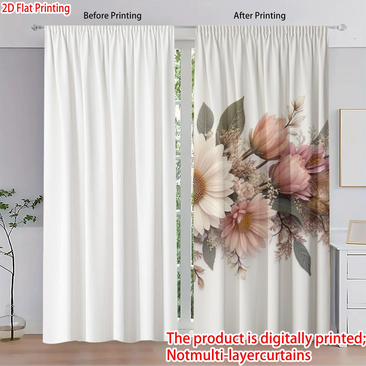 2 pieces, 2D flat printing, polyester materialFlower DecorationPatterned print, light-filtering curtains, Window Curtain, suitable for decorating bedrooms, living rooms, and other settings; features a rod pocket design for easy rod installation.