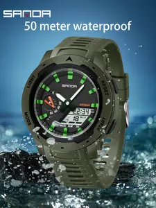 Sanda Digital Watch for Men, Dual Display Stopwatch, Alarm, Luminous, Electronic Movement, Button Cell Battery, Holiday Style, Great Gift, Luminous Waterproof Watch, Casual Fashion Wristwatch