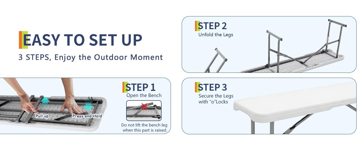 2 Pack Portable Folding Bench 6 Foot, Plastic Foldable Bench HDPE BenchTop with Carrying Handle for Outdoor Picnic Camping Party Sports Activities - White