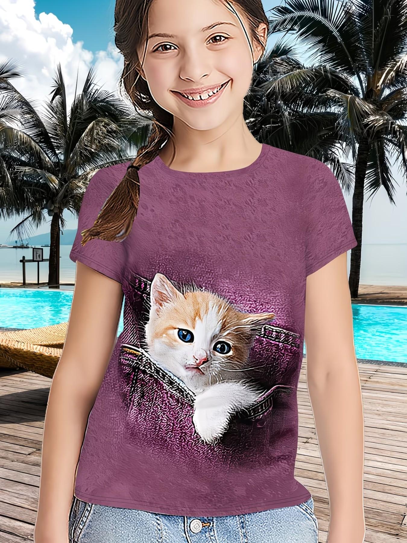 Short Sleeve T-Shirt with Cat Pattern, Cute Graphic Top for Girls, Summer Fashion Casual Loose-Fit Tee