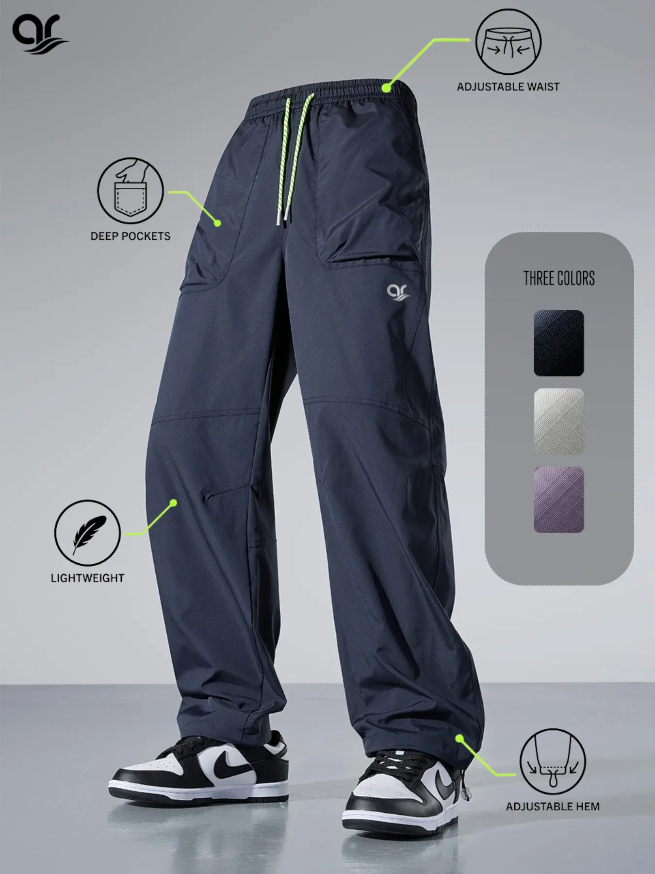 AR Men's Lightweight Baggy Parachute Pants Streetwear Techwear Joggers Outdoor Hiking Track Pants Gym Pants Lightweight Adjustable Hem Drawstring Athletic Casual Trousers Reflective
