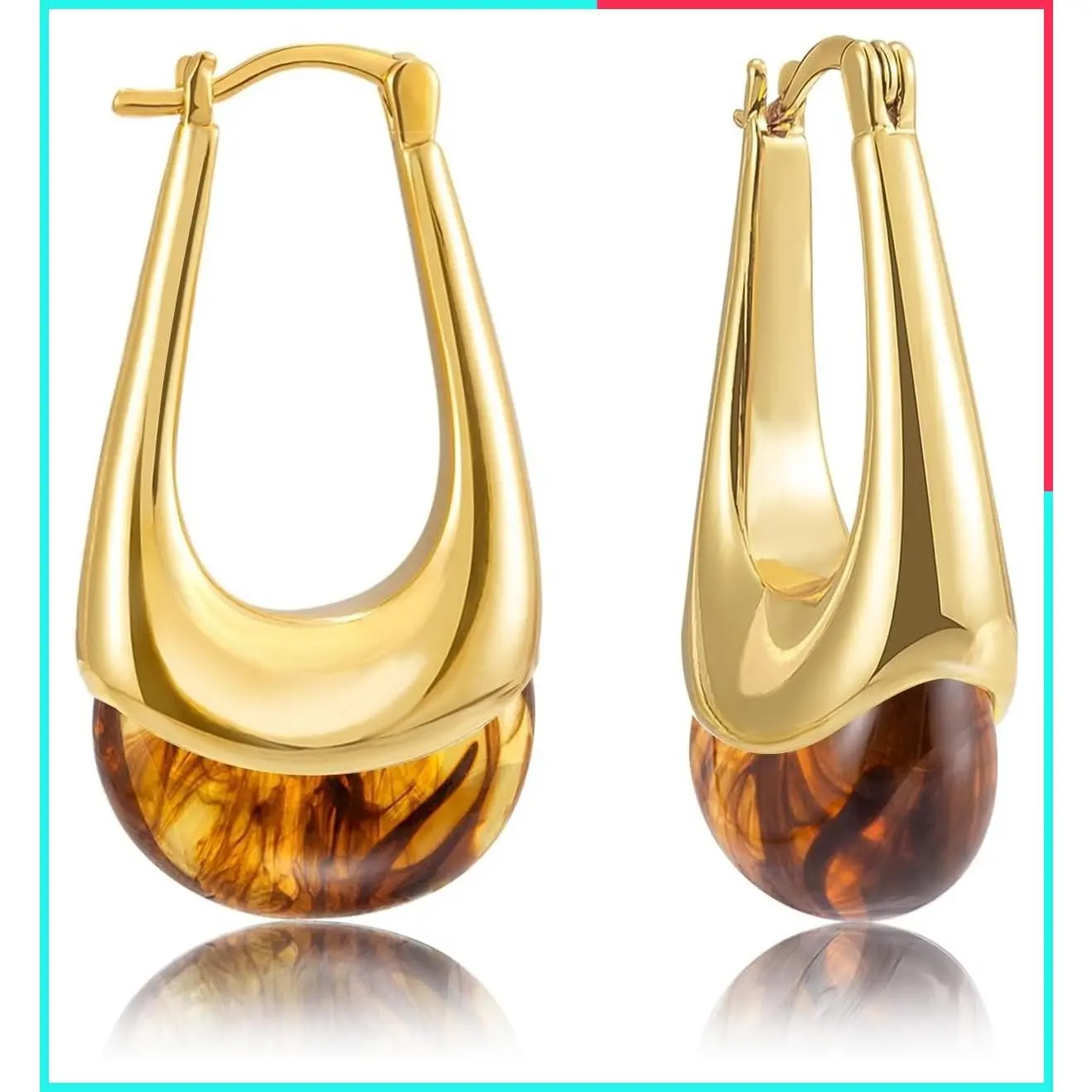 18K Gold Plated Chunky Dangle Earrings for Women, Oval Resin Stone Statement Hoop Earrings, Unique Teardrop Baroque Huggies