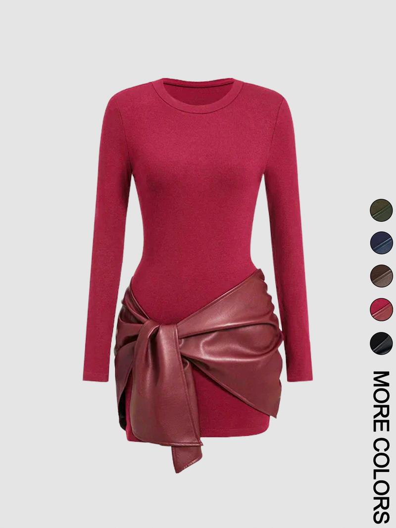 Women's patchwork knotted side ruched long-sleeved mini dress