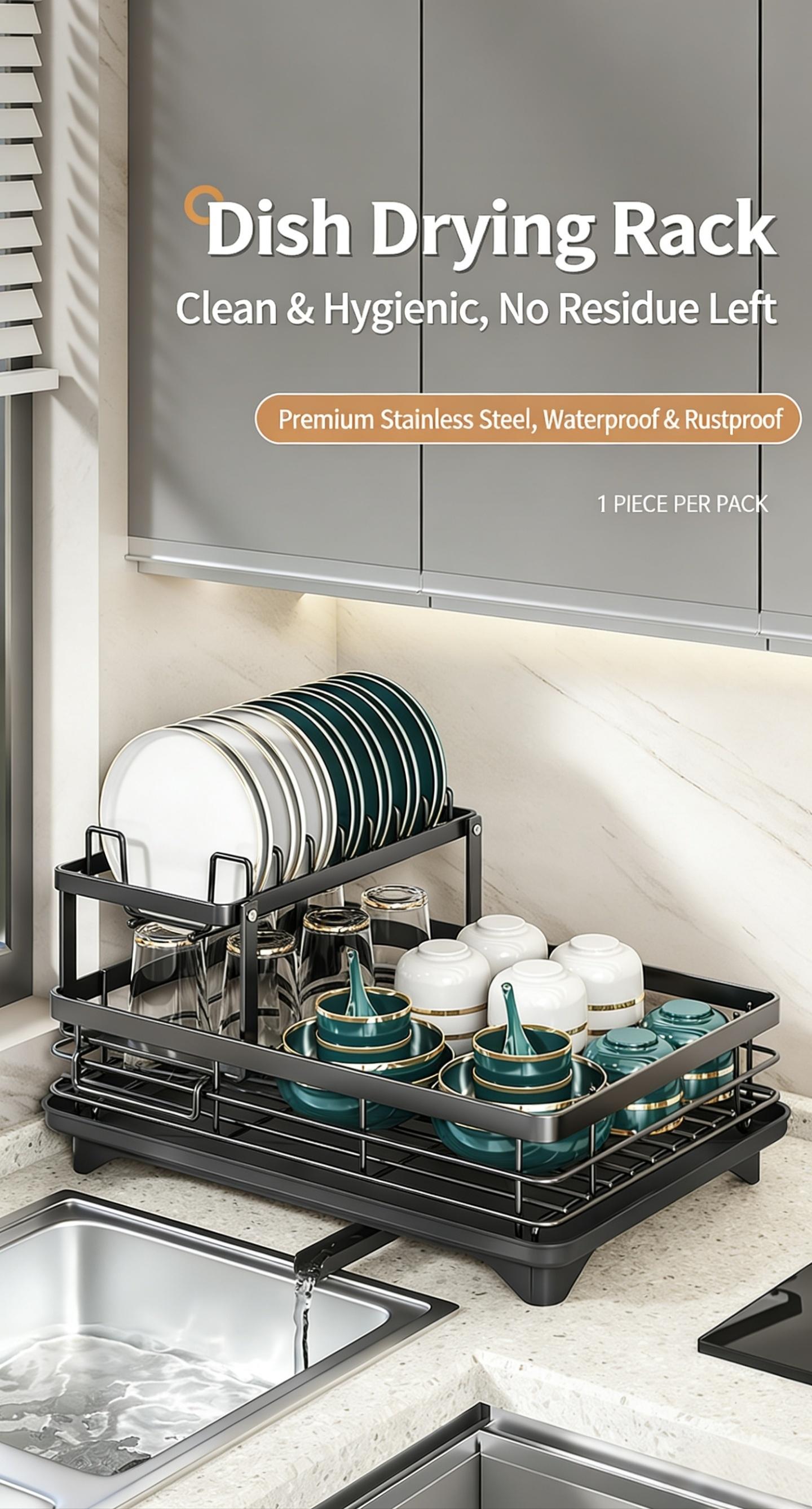 Two-Tier Large Metal Dish Rack for Kitchen Countertops, Space-Saving & Durable Design, Includes Slots for Knives Forks Cup Holders