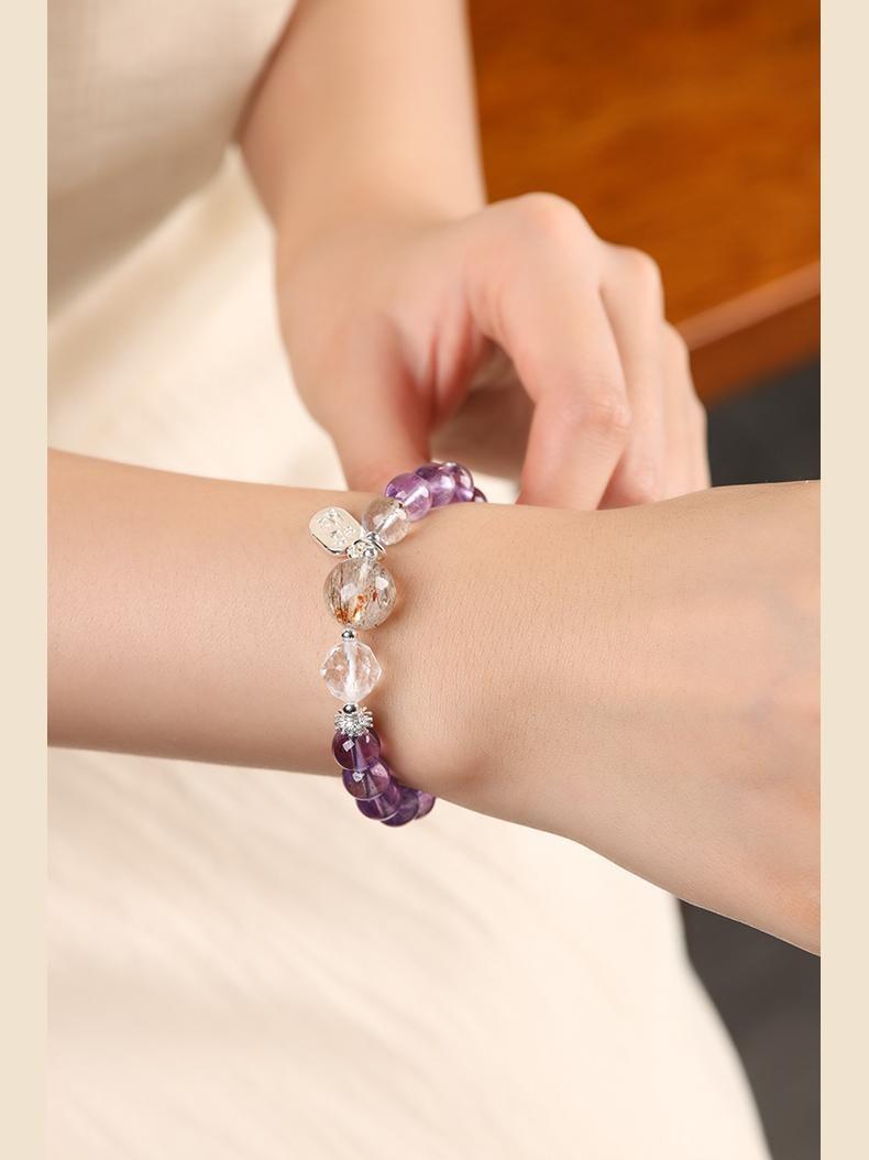 [Wisdom Success] crystal bracelet, amethyst white crystal black gold super seven green phantom, unisex, daily wear gift, 10mm beads natural stone silver accents, wisdom success courage symbol