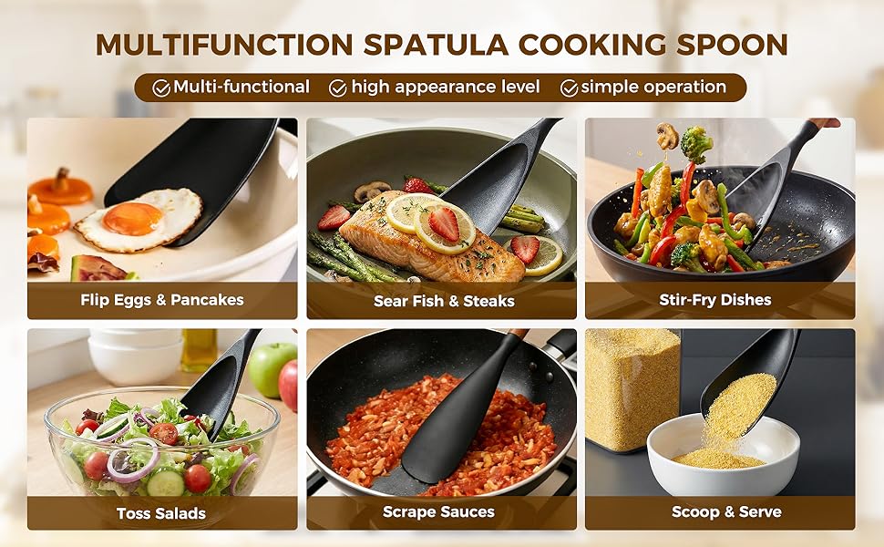Cooking Spoon for Nonstick, 2-Pack Wooden Handle Spatula Spoon for Cooking,, Scooping & Scraping – Food-Spoon, Heat Resistant, Hole – Black, 12.8 Inch
