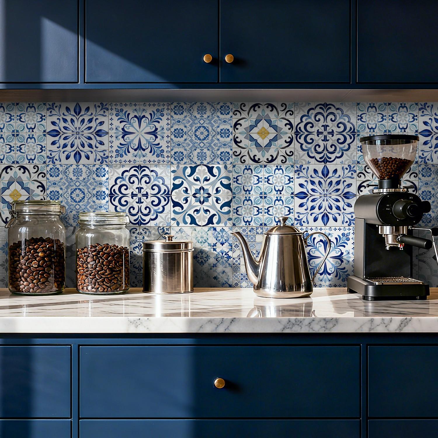24PCS NHZ Blue Moroccan/Spanish Vintage Floral Tile Stickers, PVC Crystal Film with Mirror Gloss, Peel & Stick Removable No Residue, Easy to Clean Waterproof Wall Decals for Kitchen Bathroom Bedroom Office Indoor Decor