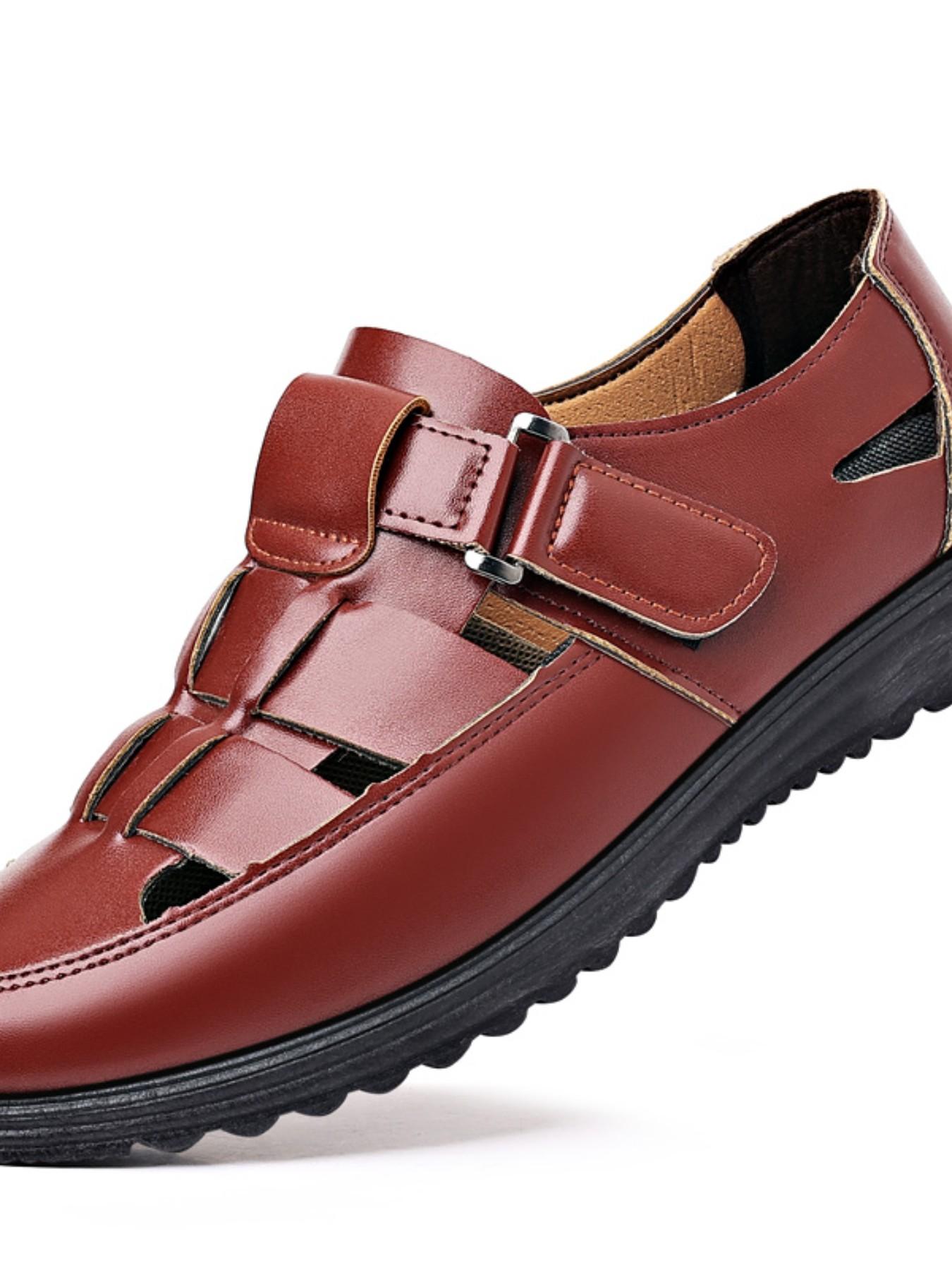 Men's Hollow Out Sandals, Summer New Arrival, Size 38-44, Velcro Soft Sole Anti-Slip Dad Shoes, Breathable Casual Leather Shoes