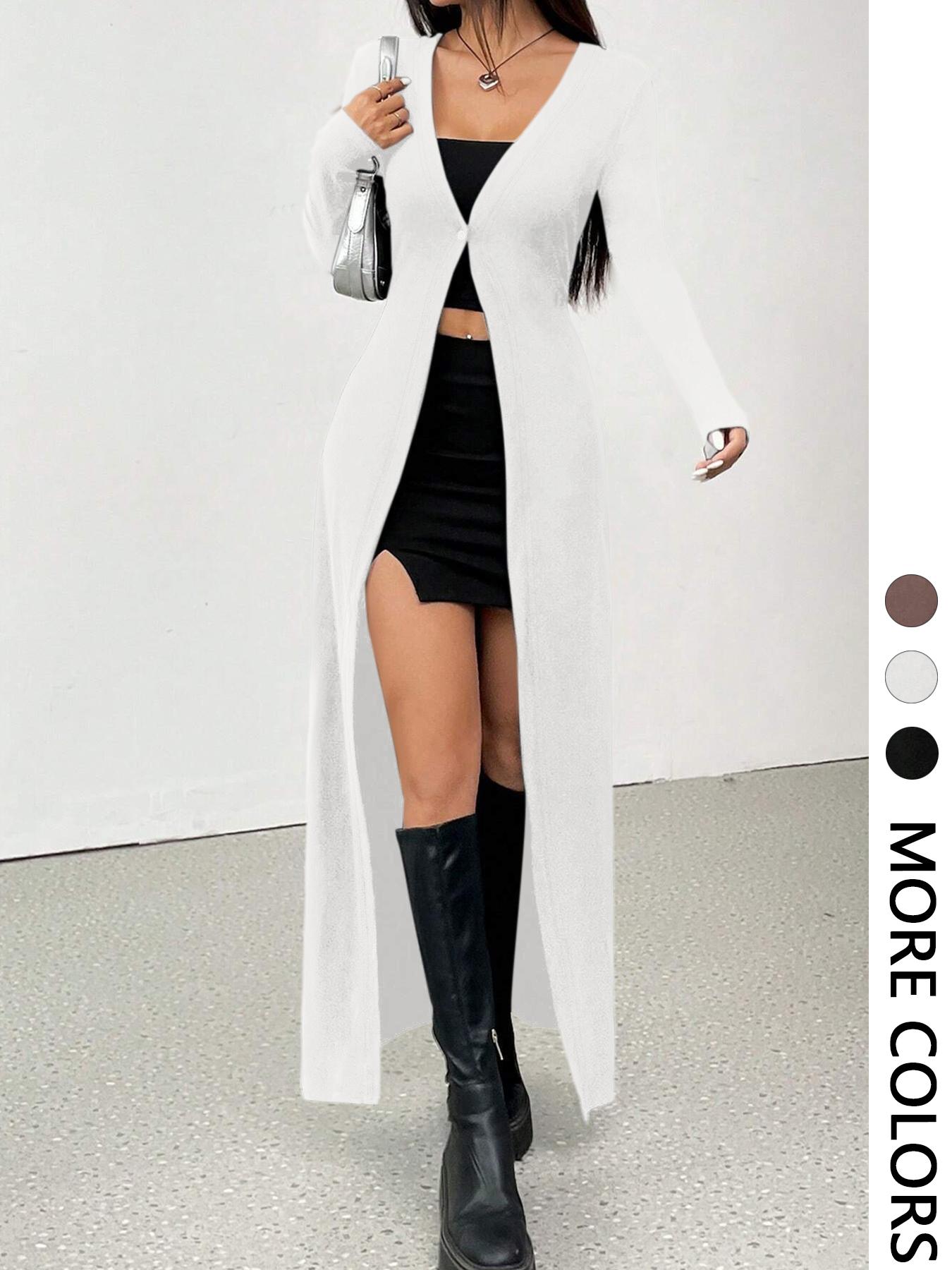 Women's Solid Color Long Casual Knit Cardigan, Single Button Fitted Sweater for All Seasons, Plain Pattern, Moderate Fabric Thickness