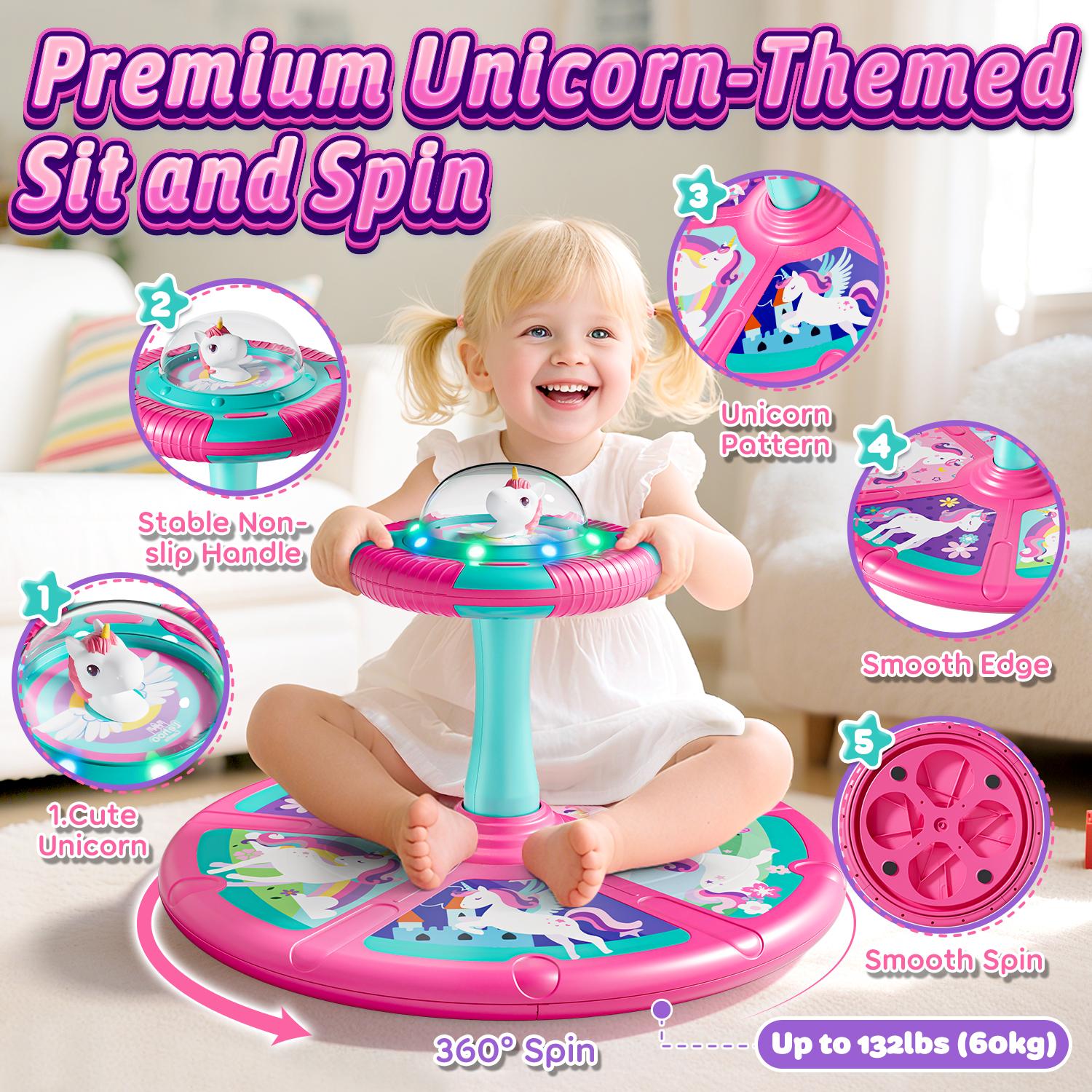 Lehoo Castle Unicorn Sit and Spin Toys, Children's Stress Reduction Toys, Sitting Spinning, Birthday Gift for Kids with LED Lights and Music, 360° Spin