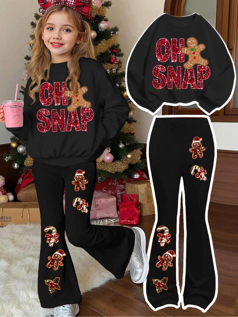 Girls' Christmas Fitted Set, Letter Print Round Neck Sweater & Snowman Pattern Bell Bottoms, Casual Fall Winter, Fashion Clothes Set