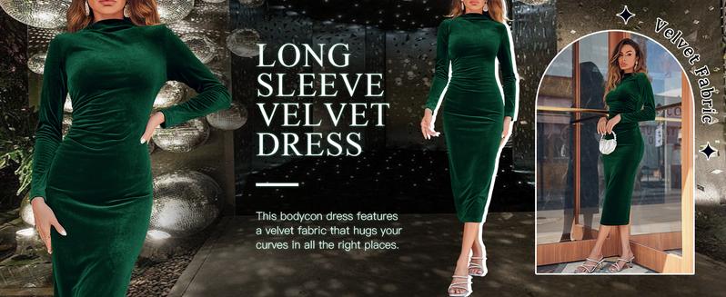 Wenrine Women's Velvet Bodycon Midi Dress Long Sleeve Ruched Elegant Cocktail Party Dresses
