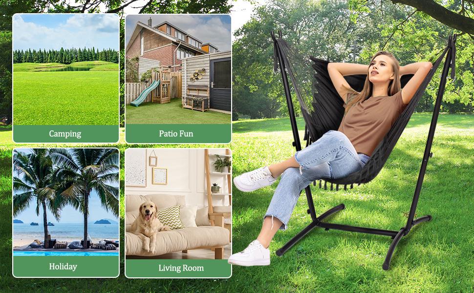 Rengue Hammock Chair with Stand, Heavy-Duty Swing Chair for Indoor & Outdoor Use, Height Adjustable Hanging Chair, Weather-Resistant Powder Coated Steel, Max Load Capacity of 350lbs