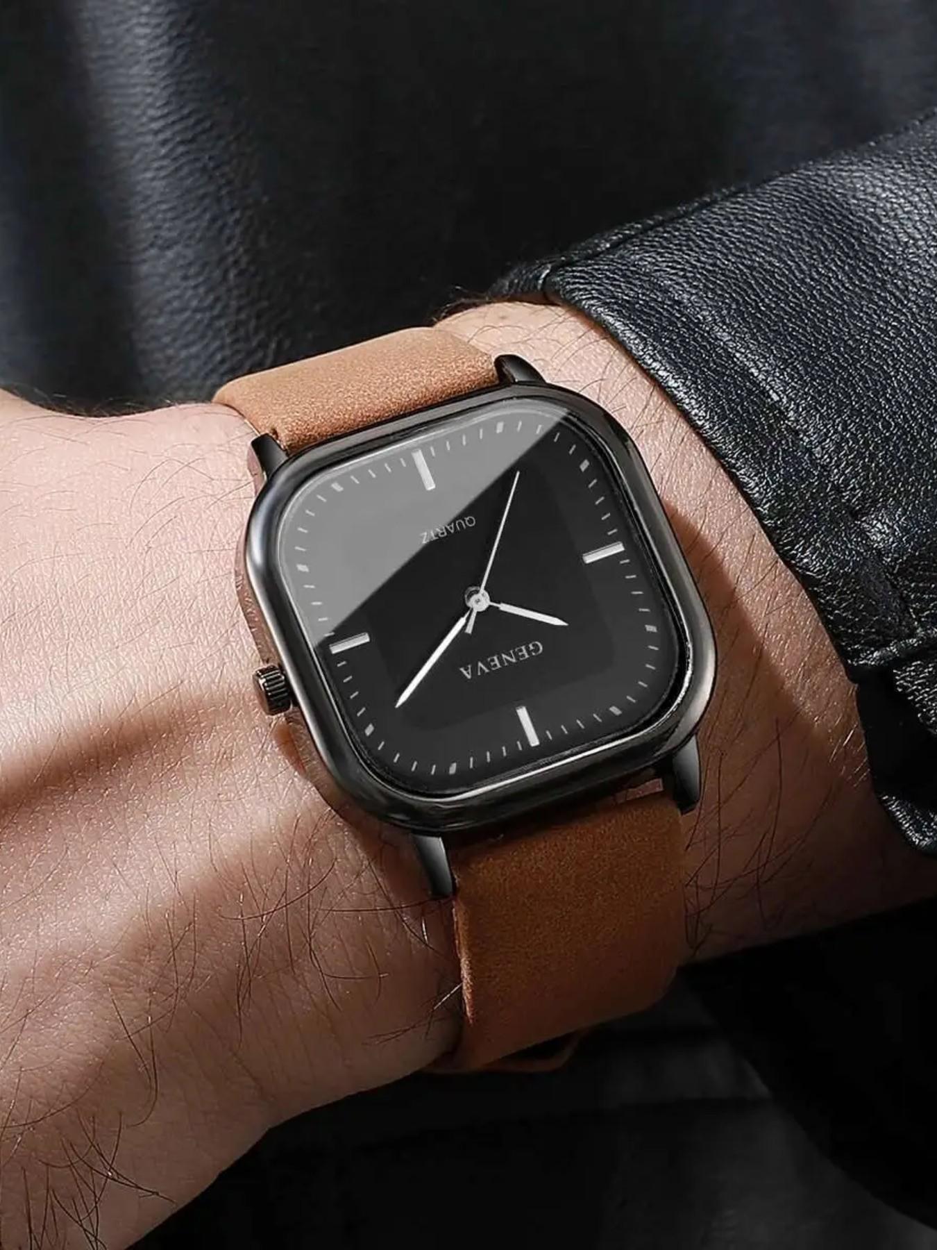 Elegant Fashion Business Leather Strap Square Men's Watch, Rectangular Analog Quartz Watch, Perfect Gift for Valentine's Day and Birthday