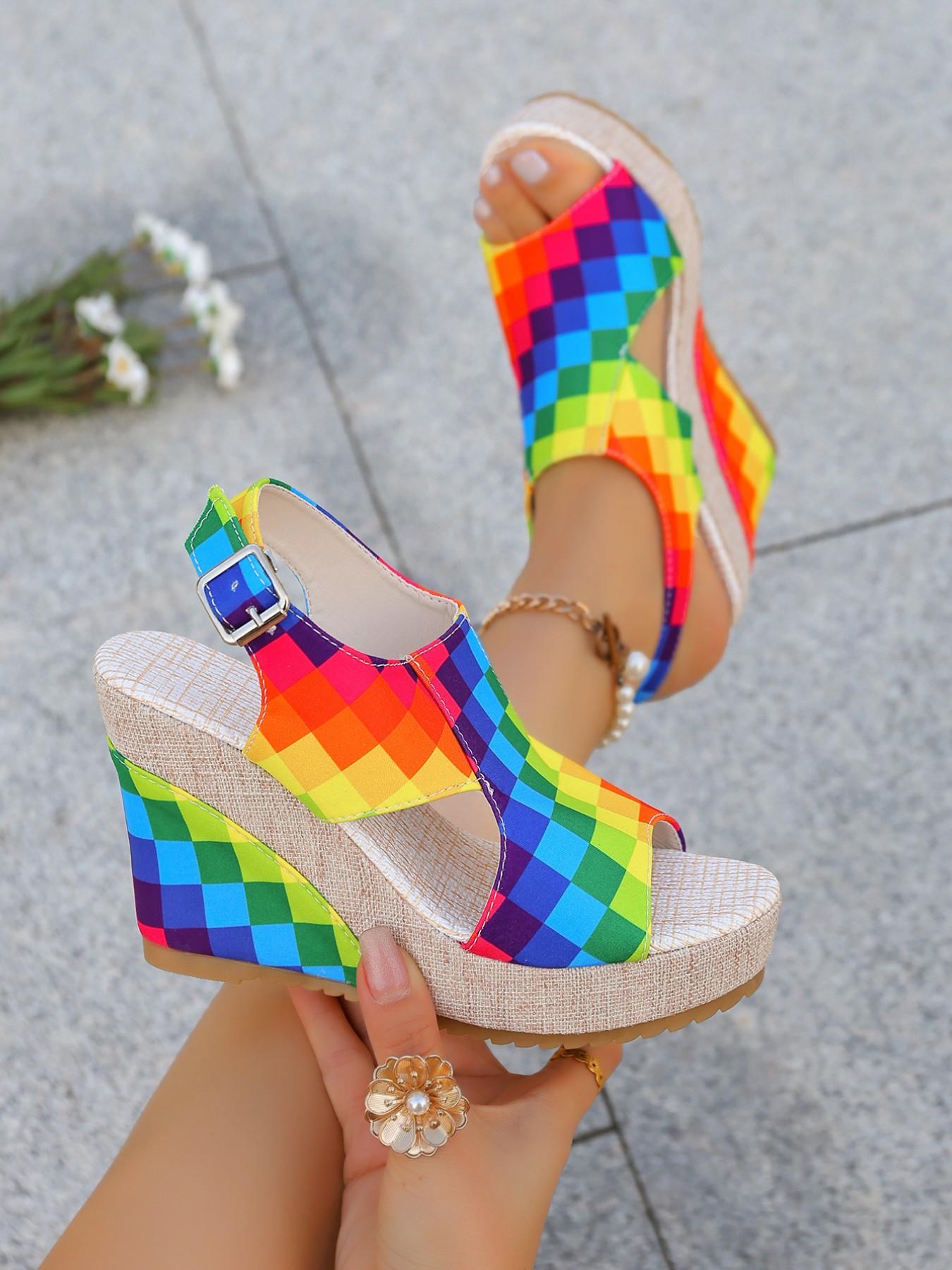 Women's Boho Rainbow Wedge Sandals, Adjustable Back Strap, Thick Sole, Anti-Slip, Comfortable, Multi-Color, Beach Vacation Shoes
