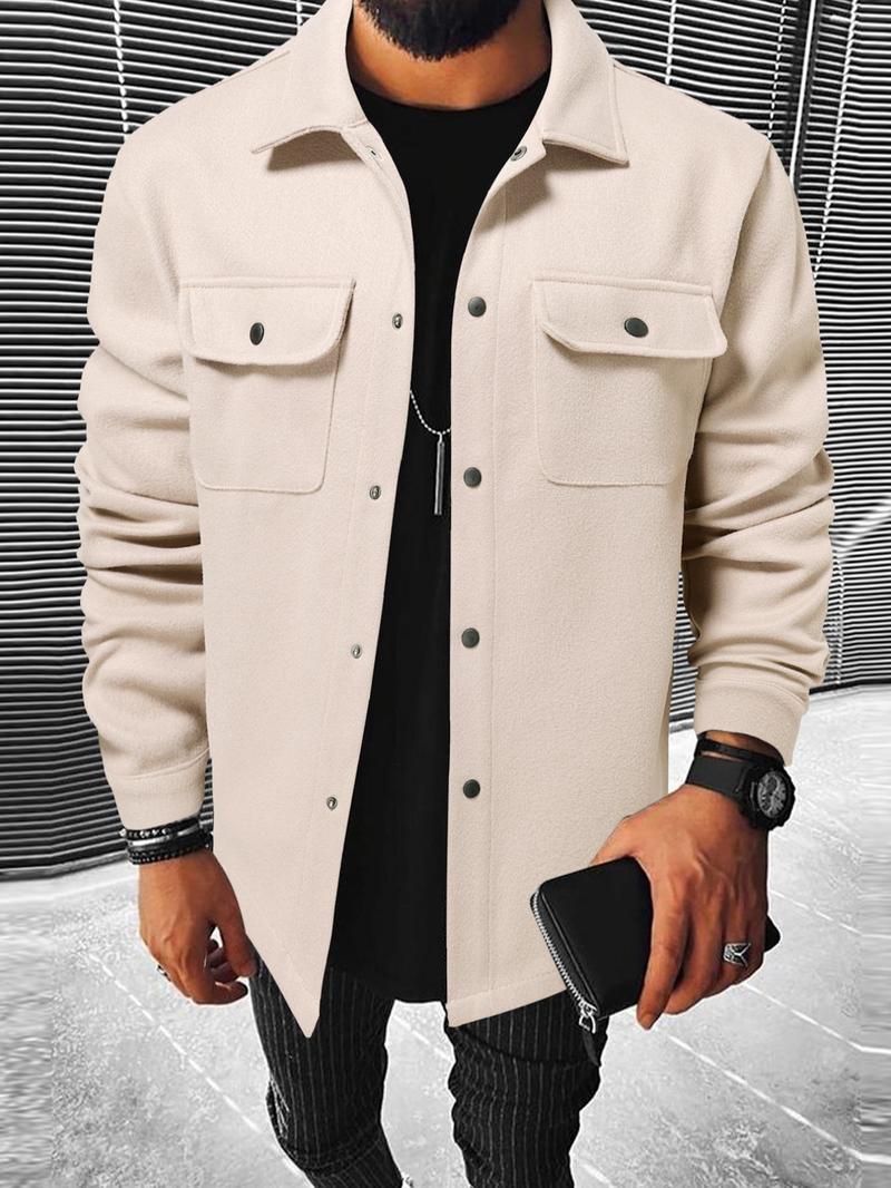 Men's Plain Long Sleeve Jacket, Regular Fit Casual Classic Button Front Flap Pocket Collared Outerwear for Fall & Winter, Going Out Outfit