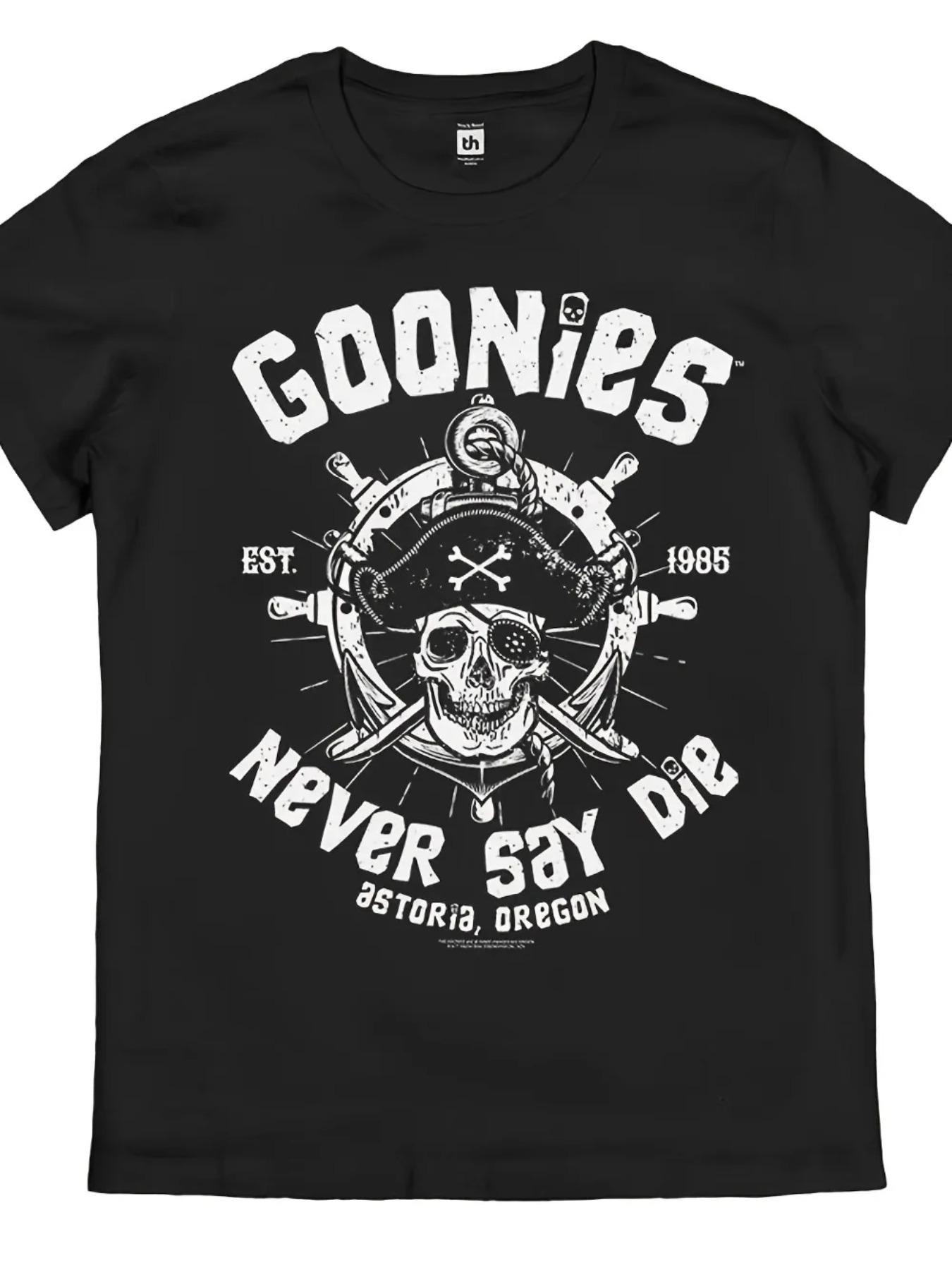 Men's Goonies Never Say Die Retro T-Shirt Officially Inspired 80s Movie Iconic Skull Crossbones Pirate Design