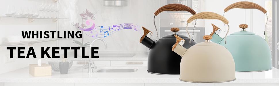 Whistling Tea Kettle Tea Pots 2.5L, Stainless Steel Kettle with Wood Pattern Folding Handle, Whistle Kettle for Tea Coffee