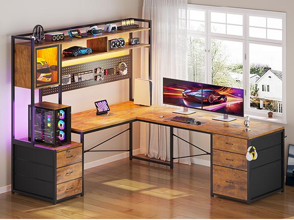 SEDETA L Shaped Gaming Desk with Drawers, Reversible Computer Corner Desk with File Drawer, Hutch, Storage Shelves for Home Office, Gaming Two Person Desk with Led Lights, Power Outlet
