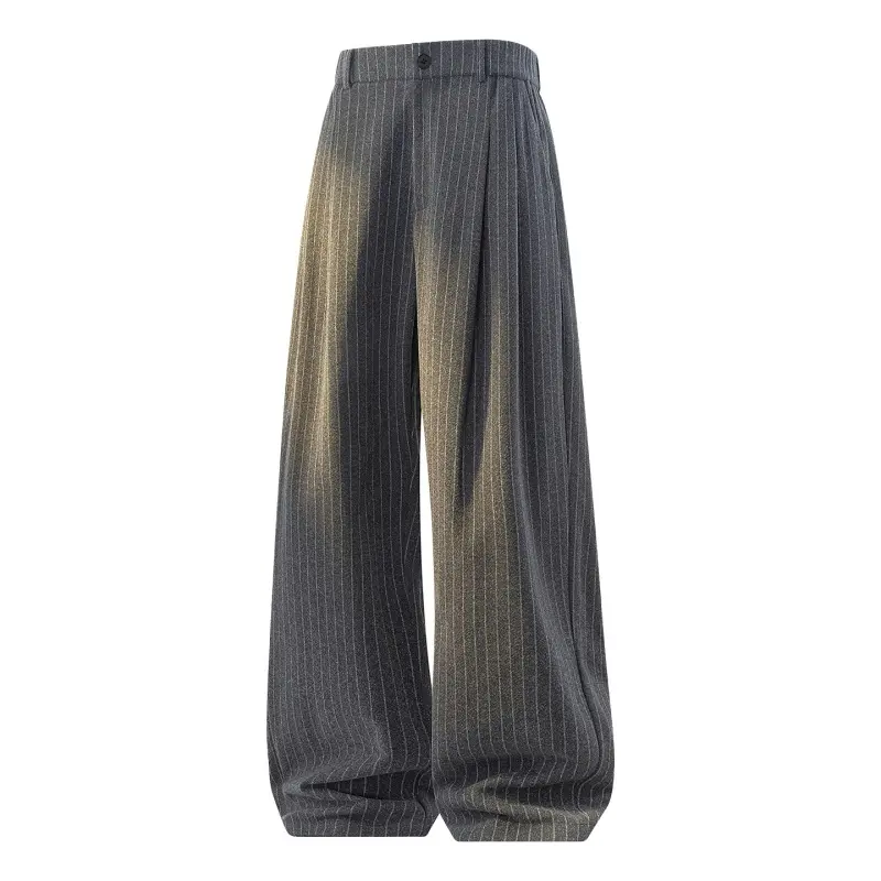 Autumn Winter Men’s Retro Dark‑Grey Pinstripe Trousers, Button Waist Front Pleat Detail Casual Long Pants, Fashion Stylish Piece To Create Retro Business‑Casual Daily Street Outfit#sohochic