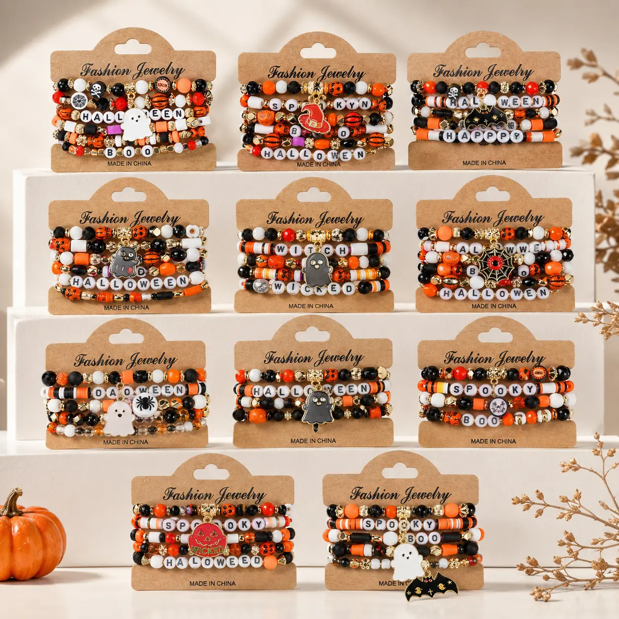 Halloween Multilayer Bracelets Set, 4Pcs/5Pcs/6Pcs Colorful Funny Pumpkin Ghost Spider Black Cat Pendants Beaded Bracelet Holiday Costume Jewelry Handmade Elastic Polymer Clay Beaded Bracelets Party Supplies Gift