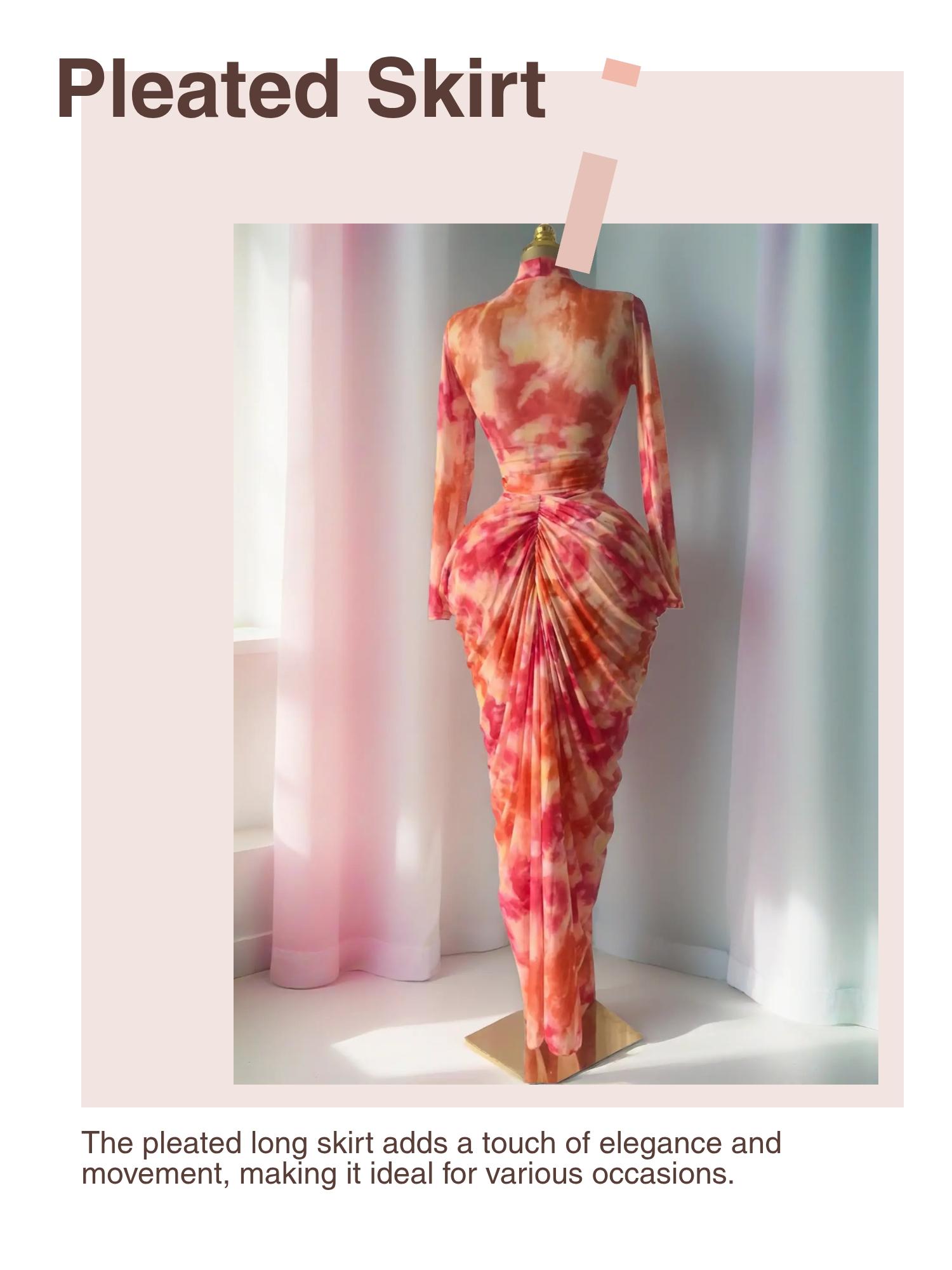 PULKRITU Elegant Women's Tie Dye Printed Two Piece Set Outfits, Wrap Long Sleeve Crop Top + Ruched Maxi Skirt , Casual Beach Resort Birthday, Vacation Street Lady Two-Piece Set,Female Fashion 2 Piece Co-ord Set