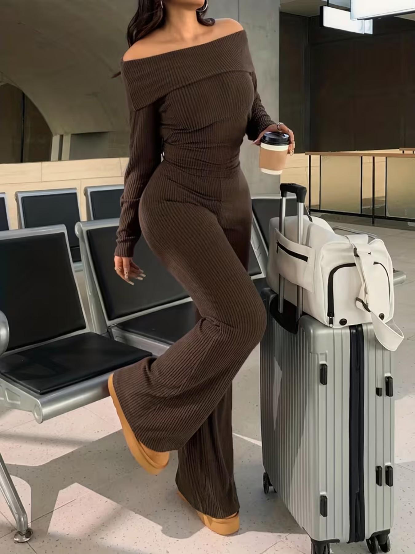 New European and American Style Fall Winter Solid Color Sexy Off-Shoulder Long Sleeve Top + Wide Leg Bell Bottom Pants Two-Piece Set