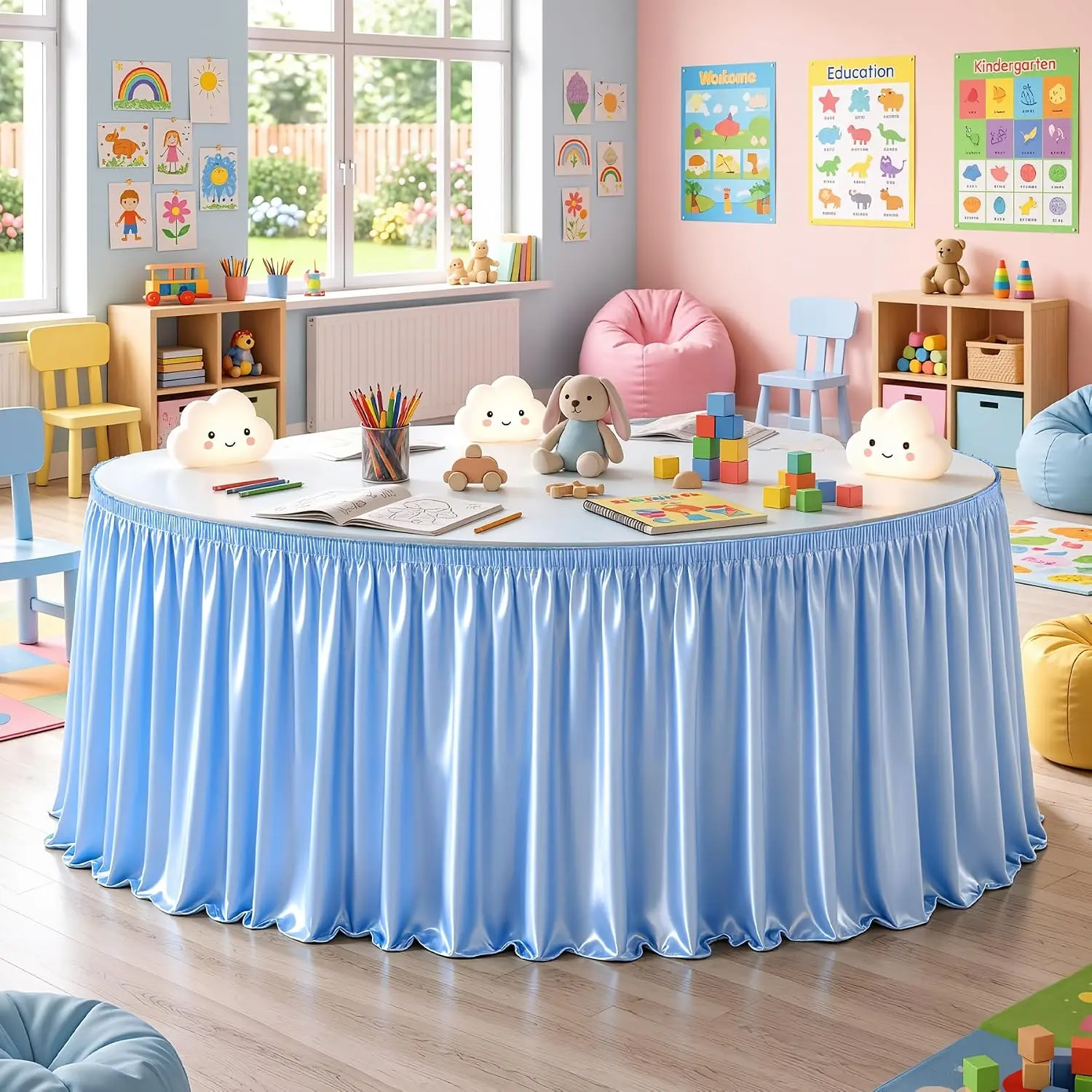 Wish Care 6ft Baby Blue Polyester Satin Pleated Ruffle Shimmering Table Cover - Wrinkle-Free Cloth for Rectangular Tables, Teacher Desks, Baby Shower Decor