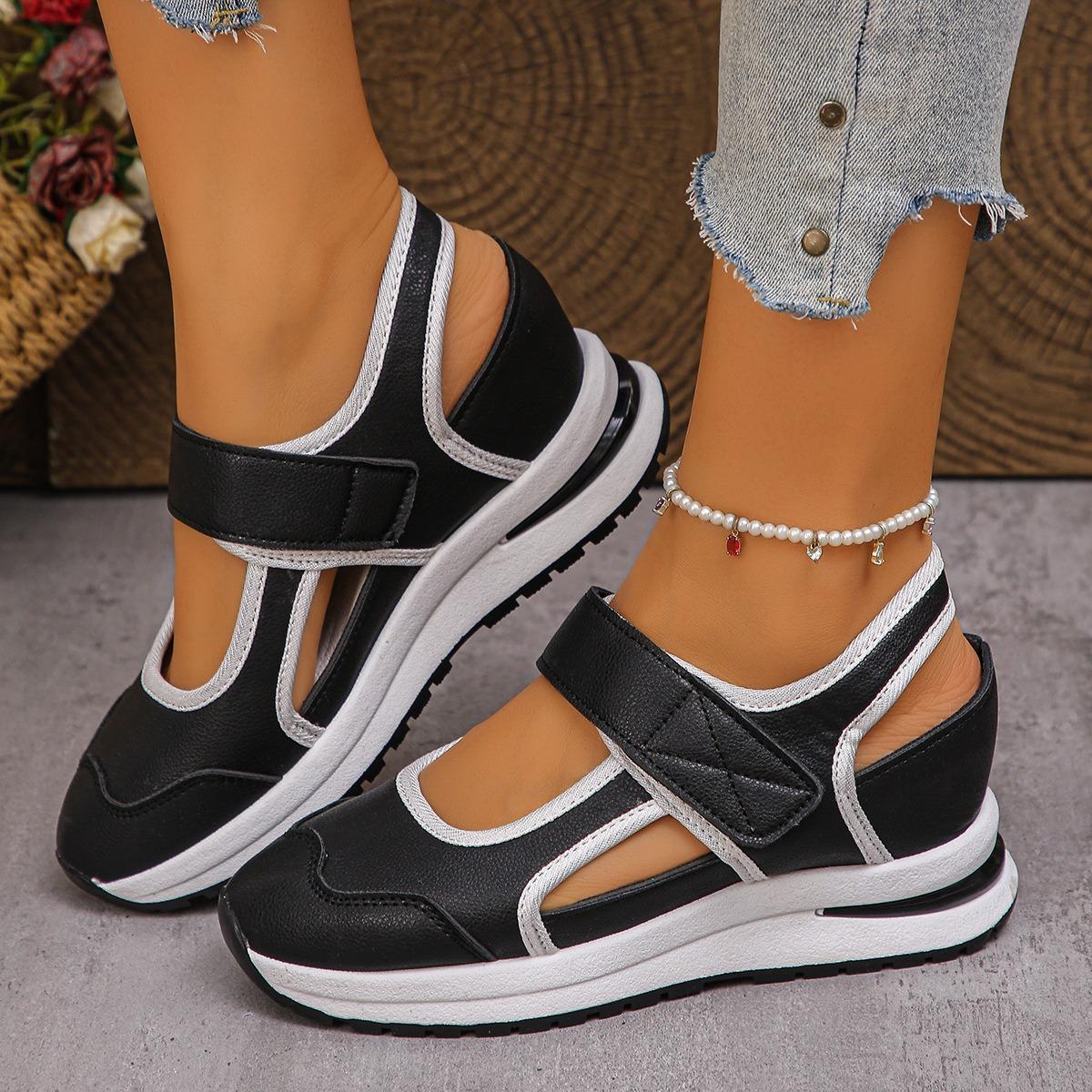 Women Hollow Out Wedge Sneaker Sandals, Breathable Hook & Loop Platform Walking Shoes, Color Block Casual Outdoor Shoes