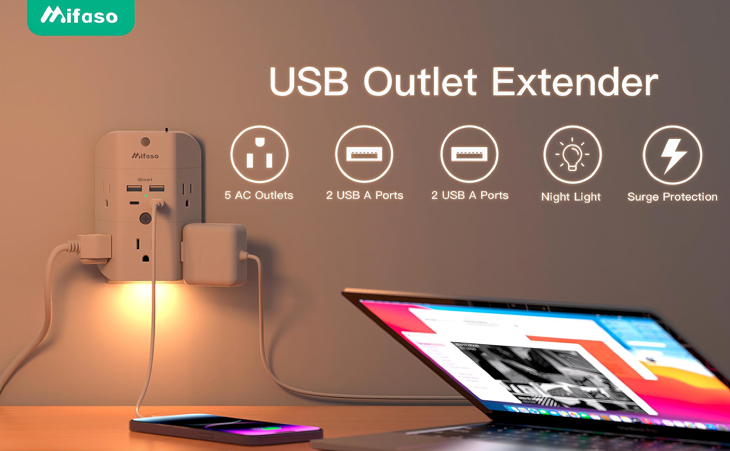 Fathersdaygift MIFASO 9-in-1 Smart Night Light Wall Outlet Extender with 5 AC Outlets, 2 USB-A, 2 USB-C Ports, Surge Protection, Screw-Mountable – Ideal for Home, Office