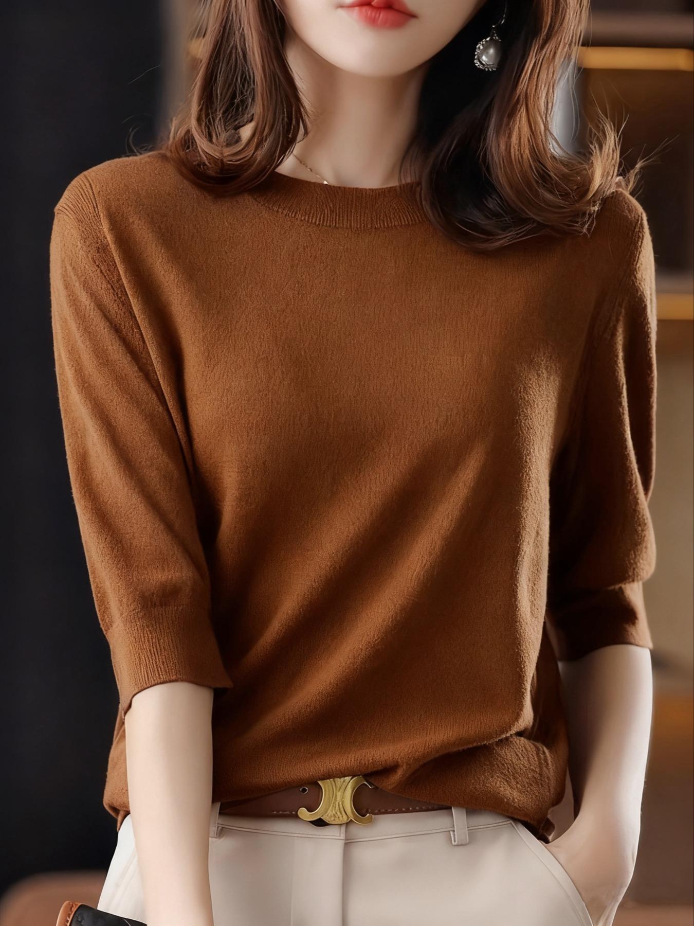 Women's Knitwear Knitted Sweater Round Neck Medium Sleeve Spring Autumn New Vintage Elegant Top Half-Sleeve Base Layer