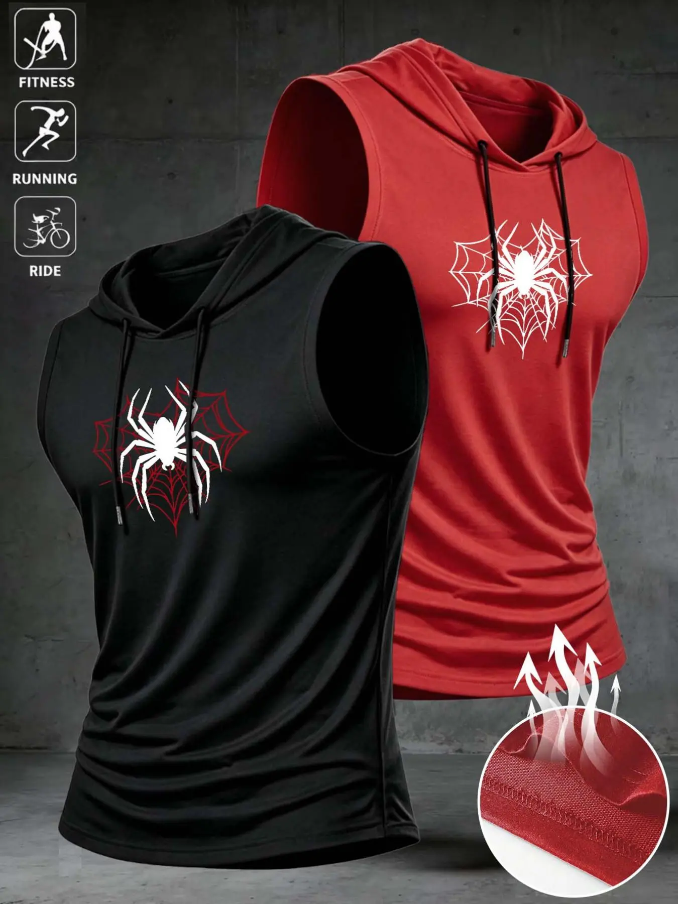 Men's Summer Sleeveless Hooded Tank Top, Spider Pattern, Comfortable Breathable, Two-Piece Set, Outdoor Sports and Fitness