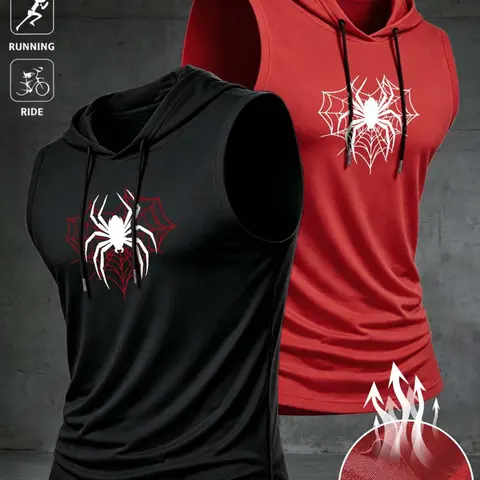 Men's Summer Sleeveless Hooded Tank Top, Spider Pattern, Comfortable Breathable, Two-Piece Set, Outdoor Sports and Fitness