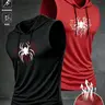 Men's Summer Sleeveless Hooded Tank Top, Spider Pattern, Comfortable Breathable, Two-Piece Set, Outdoor Sports and Fitness