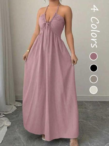 Women's A-Line Dress with Adjustable Straps, Stylish Lace-Up Detail for Summer, Casual Elegant Fashion for Women