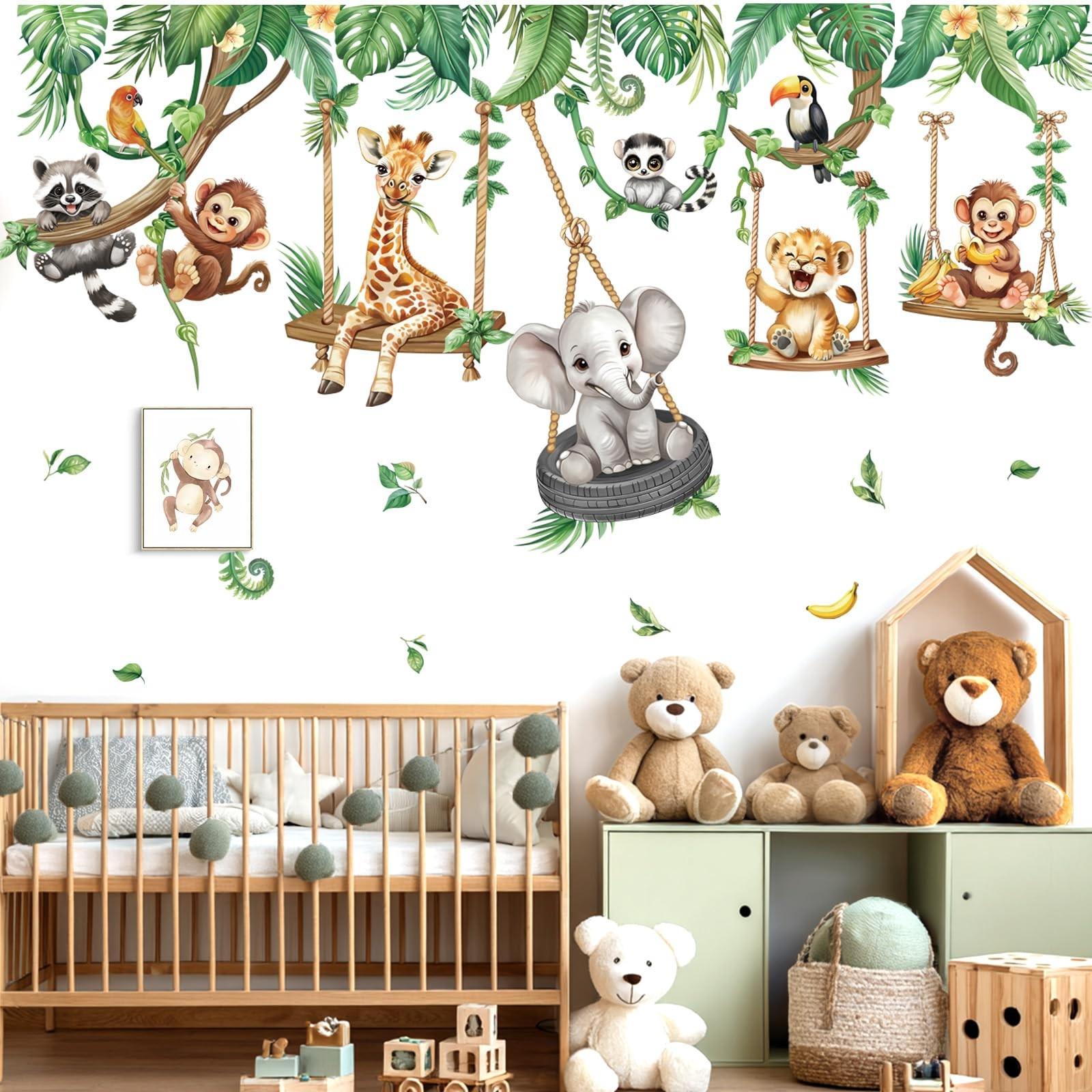 Cartoon Jungle Animal Wall Stickers, Wildlife Zoo Animals Elephant Giraffe Monkey Tropical Leaf Wall Decals, Bedroom Living Room Home Decor