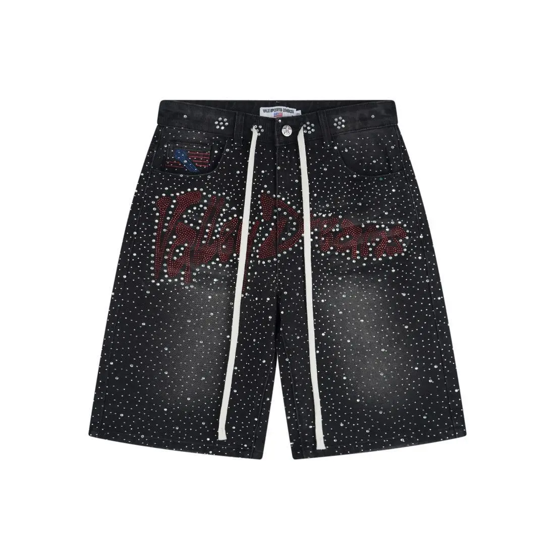 VALE Full Rhinestone Vintage Washed Baggy Denim Shorts, Letter Embroidery Distressed Knee-Length Loose Jeans, Bling Diamond Y2K Harajuku Hip Hop Streetwear Shorts, Unisex Sparkly Casual Pants for Party Fashion Daily Vibe | denim shorts | rhinestone jeans