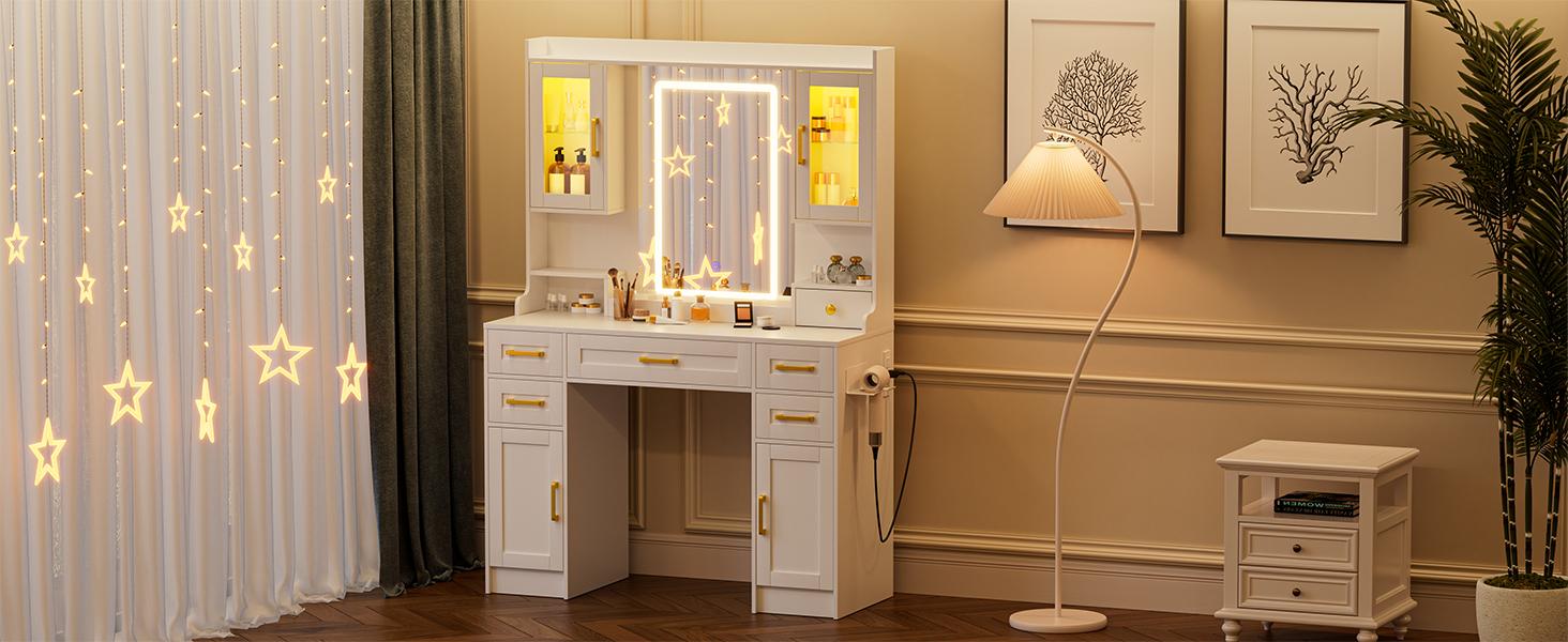 [Valentine's Day gift] LHBcraft Makeup Vanity with 16 RGB Colors LED Lights, Adjustable Dressing Table with LED Lights, Vanity Mirror Desk with Ample Storage& Charging Station