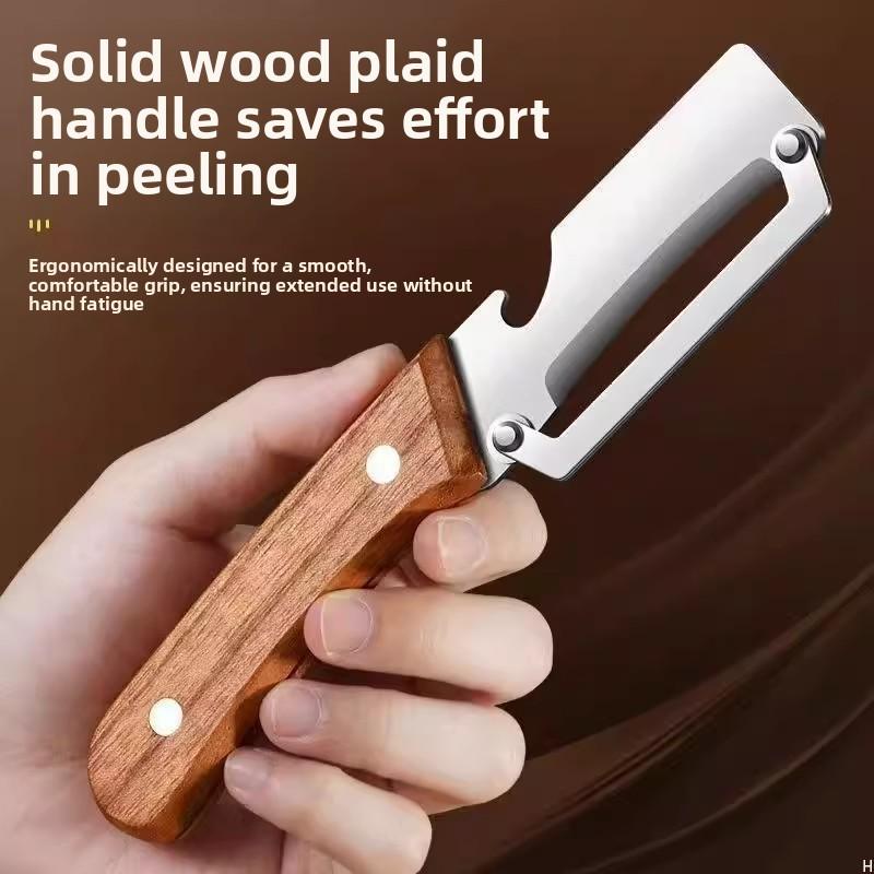 Wooden-Handled Stainless Steel Sharp Peeler with Built-In Bottle Opener for Fruits & Vegetables Ergonomic Non-Slip Handle Long-Lasting Construction Essential Kitchen Tool