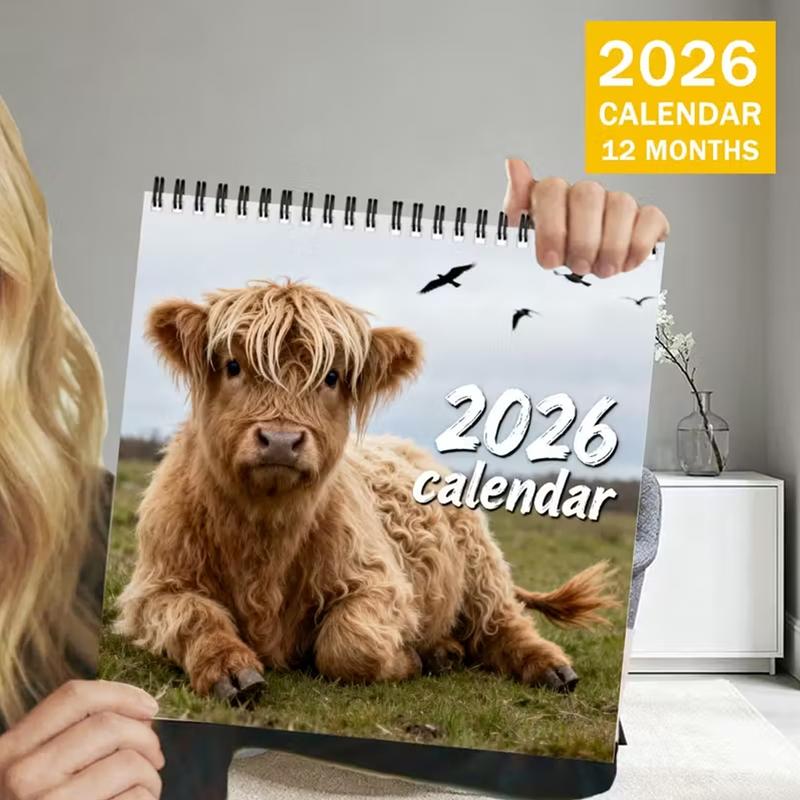 2026 Highland Cow Theme Wall Calendar, 12 Months Colorful Illustrations, 7.9in X 7.9in Perfect Size, Cute Fun Highland Cow Art Decor Gift