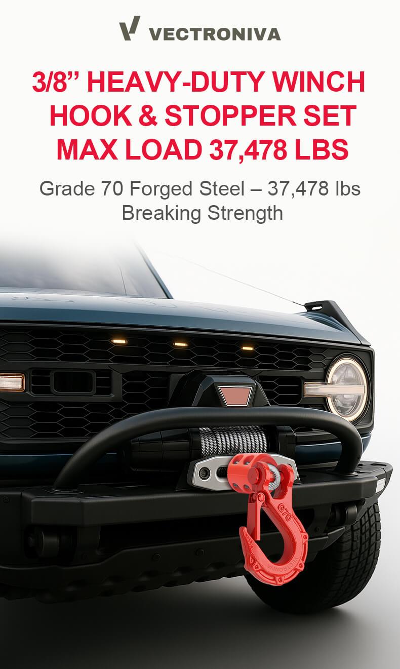 Vectroniva Heavy Duty 3/8" Winch Hook & Cable Stopper Set | 37,478 lbs Tow Hook for Trucks, ATVs & UTVs | Forged Steel Winch Accessories with Fairlead Protector Vectroniva Heavy Duty 3/8" Winch Hook & Cable Stopper Set | 37,478 lbs Tow Hook for Trucks, ATVs & UTVs | Forged Steel Winch Accessories with Fairlead Protector