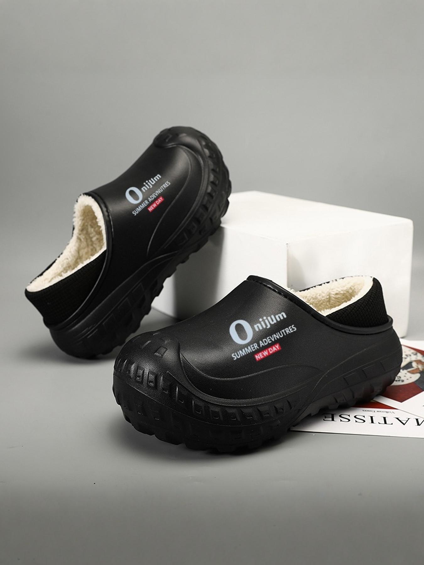 Men's Letter Pattern Waterproof Plush Lining Slippers, Casual Comfortable Home Slippers, Warm Slippers for Indoor & Outdoor Use for Fall & Winter, Lined Slippers