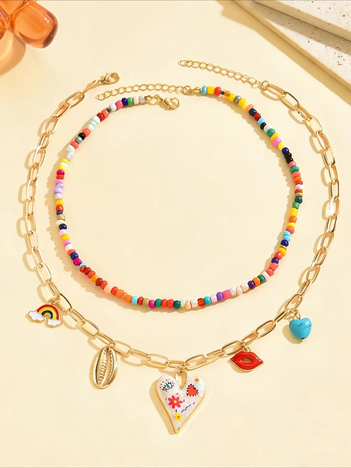 2pcs Y2K Colorful Beaded Layered Alloy Pendant Necklace Set, Bohemian Graffiti Heart Rainbow Multi-Charm, Fashionable Women's Jewelry