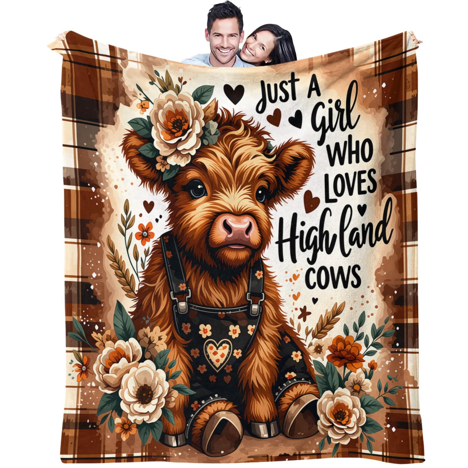 Just A Girl Who Loves Highland Cows Lightweight Throw Blanket, Soft Flannel Fleece Cute Highland Cow Floral Blanket, Western Plaid Nap Blanket for Couch Bed Office Travel, Ideal Gift for Highland Cow Lovers Women Girls Teens