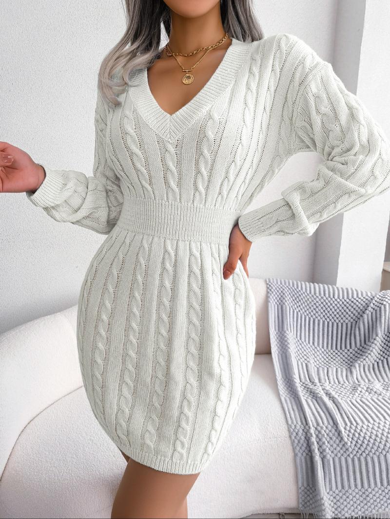 Women's Basic Comfort Solid Textured Drop Shoulder Sweater Dress, Lady's Lady Long Sleeve V Neck Cable Knit Dress, Casual Chic Dress