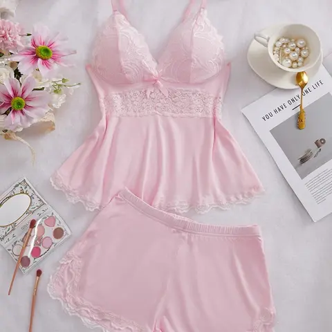 2 Piece Pajama Set, Soft Comfortable Bra Top & Shorts, Sexy Slim-Fit Design, All Seasons Home Wear, Plain Surface, China Made
