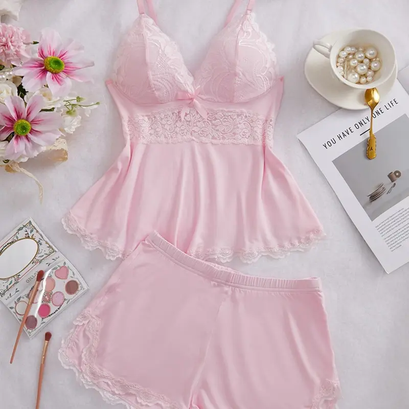 2 Piece Pajama Set, Soft Comfortable Bra Top & Shorts, Sexy Slim-Fit Design, All Seasons Home Wear, Plain Surface, China Made