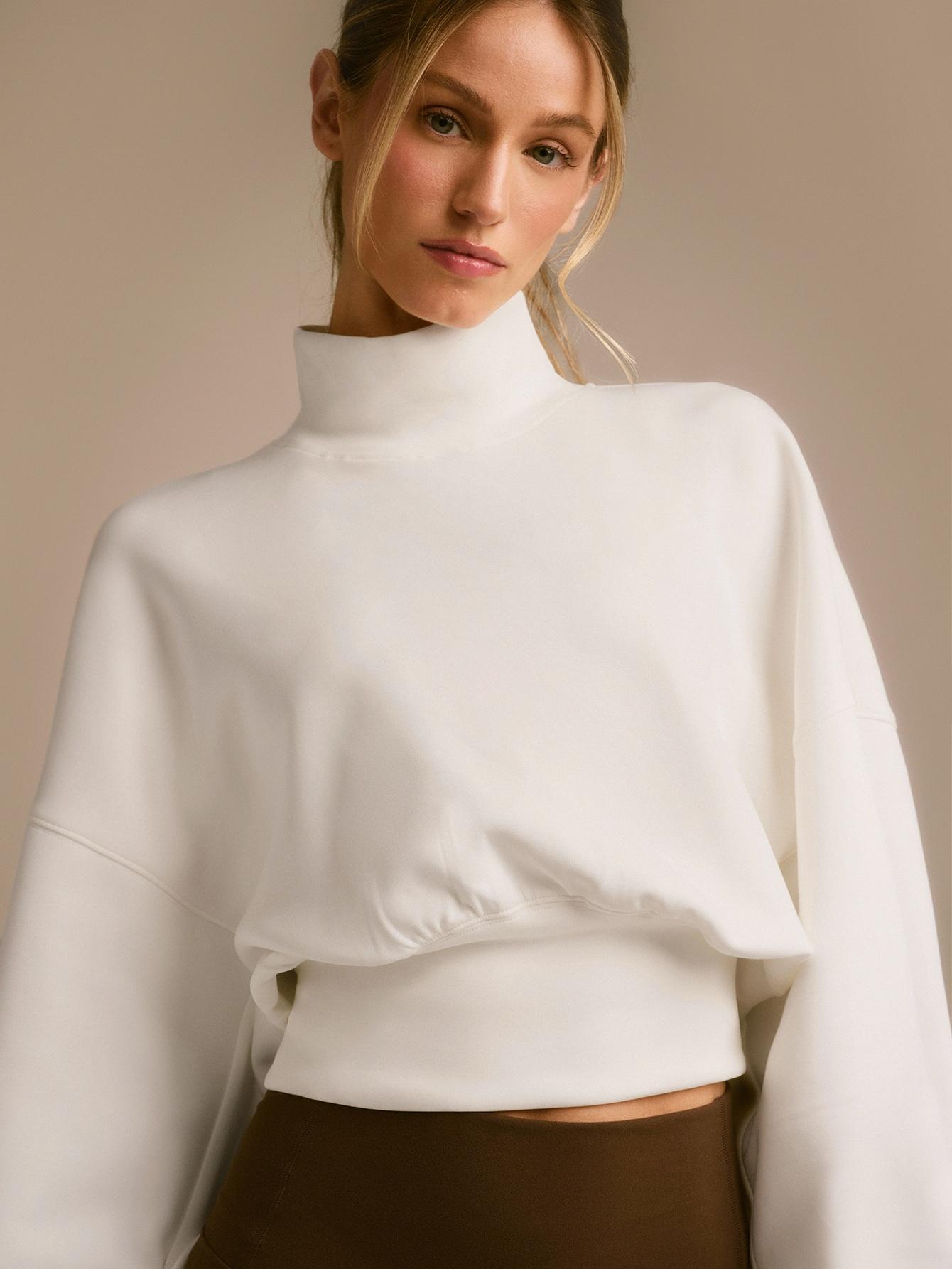 GLOWMODE Modal Soft Warm Curved Bubble Hem Waist Length Oversized Ribbed Cuffs High Neck Pullover Sweatshirt Daily